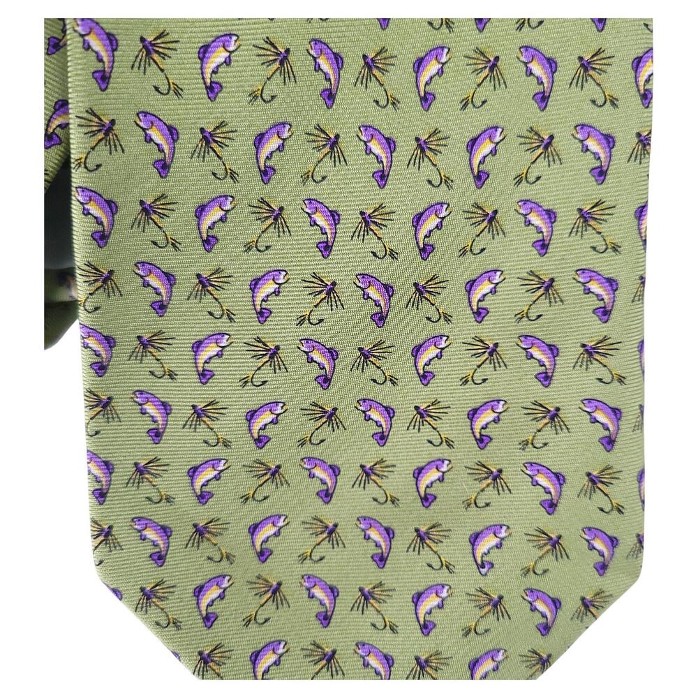 Bird Dog Bay Silk Neck Tie 60" Green Fish Lure Print Hand Made Novelty - Picture 2 of 7